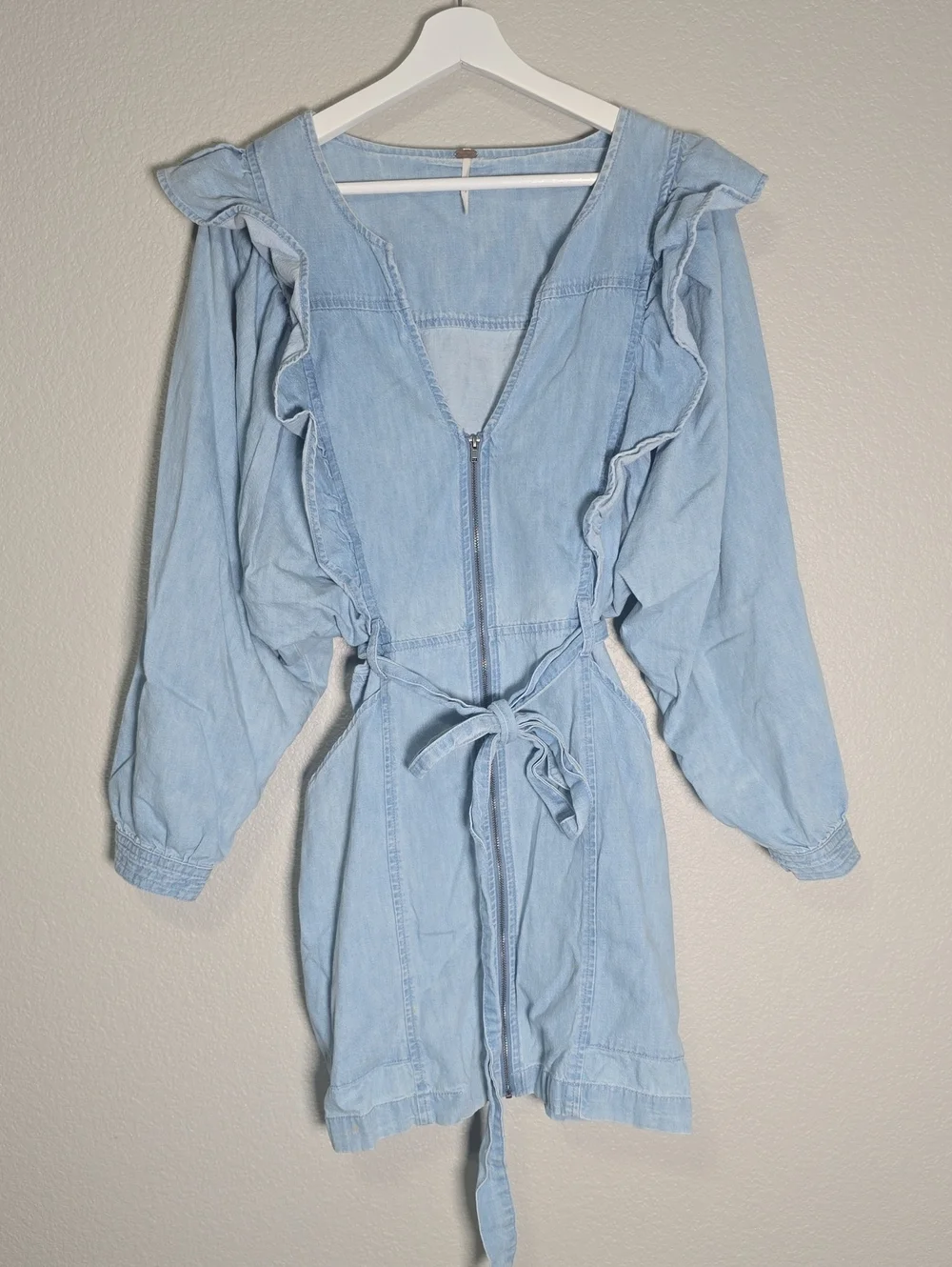 Light Wash Denim Ruffle Tie-Waist Jacket